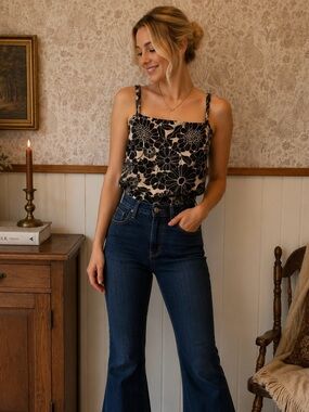 Anthropologie Black & Cream Floral Top – Size Small